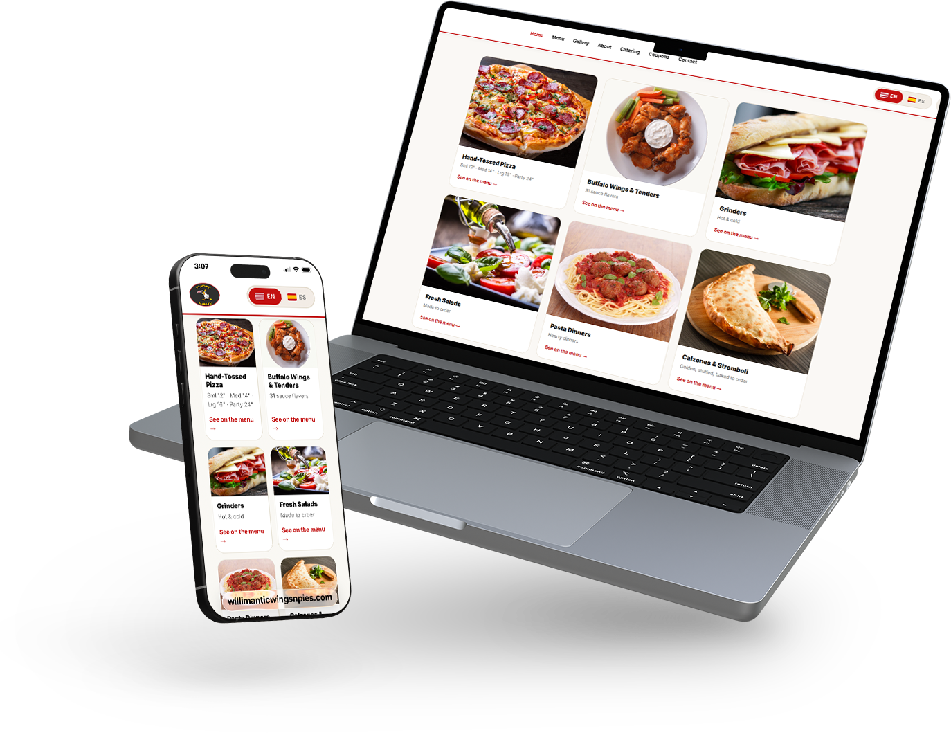 Wings'N'Pies en laptop y teléfono